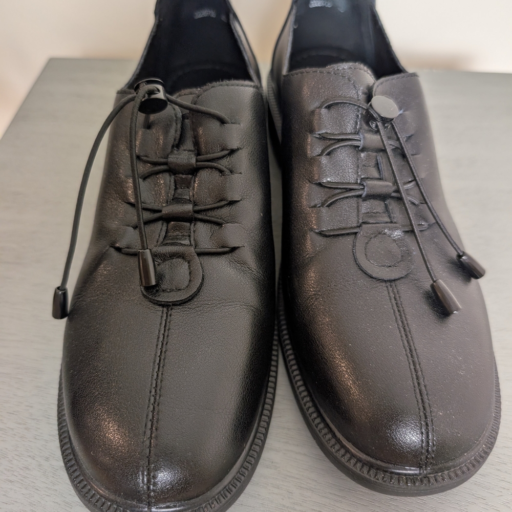 New European Soft Black Chunky Leather Women's Shoes Size 9